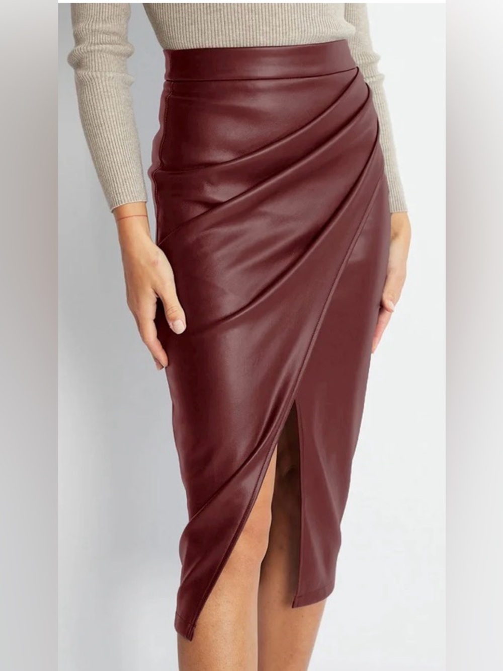 Commense Faux Leather Wrap Pencil Skirt in Burgundy